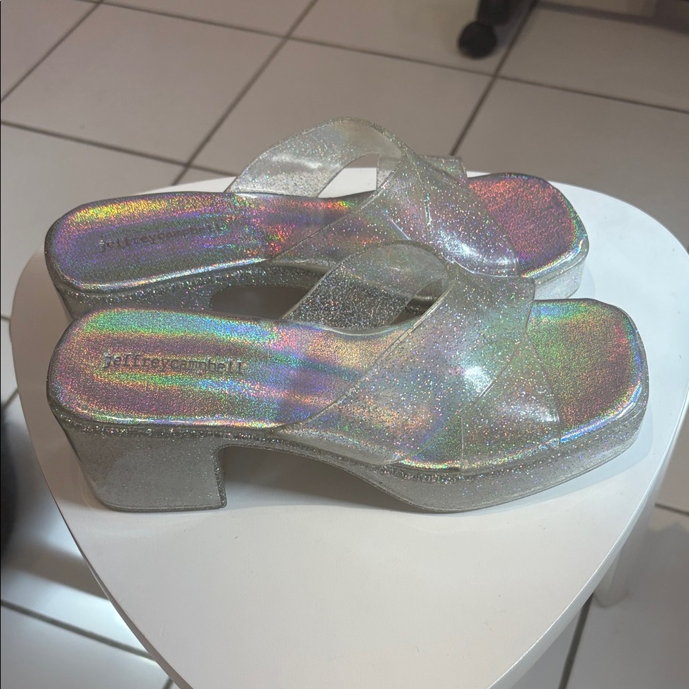 Jeffrey Campbell Glitter Poly/Silicon Slide In Platform Heel Sandal Mules